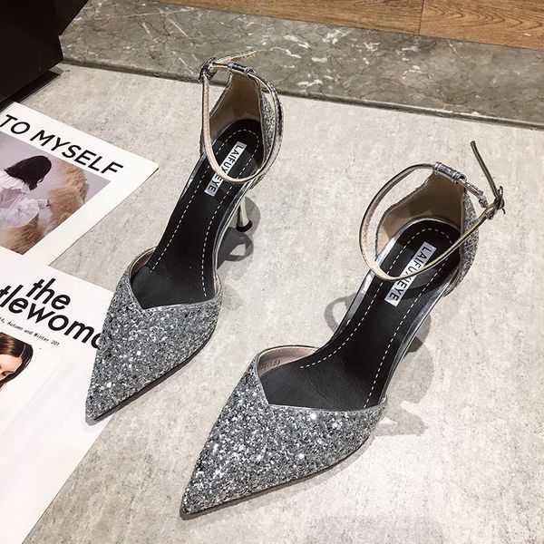 

dress shoes women's pumps shinning glitter pointed toe super high fine heel summer ankle strap wedding party zapatos de mujer u28-07, Black