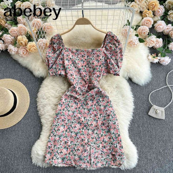 

women retro floral dress korean puff sleeve square collar ruched a-line es summer boho print ruffles short 210512, Black;gray