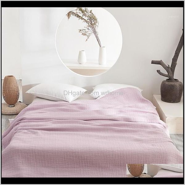 Coperte Tessili Casa Giardino Cotone lavato Garza spiegazzata Coperta morbida estiva 140 * 200 190 * 230 Cm Tinta unita Viola chiaro Rosa Blu Marrone M