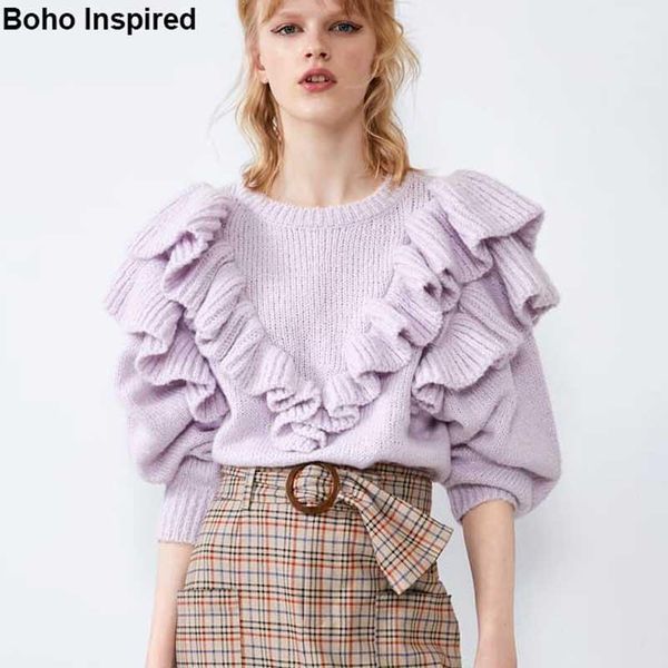 

women's sweaters boho inspired knit sweater women long sleeve ruffle trim pullovers casual chic 2021 winter jumpers female, White;black