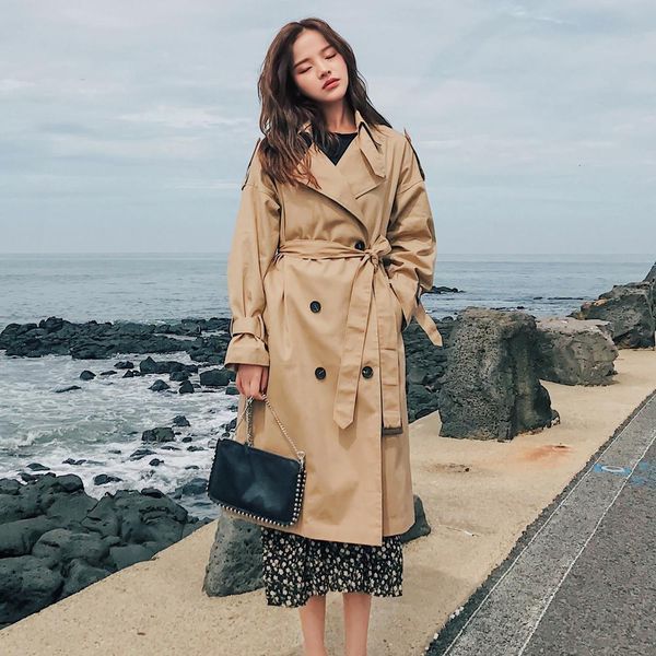 

cloak and cloak fashion brand new women trench coat long double -breasted belt blue khaki lady clothes autumn spring outerwear oversize, Black