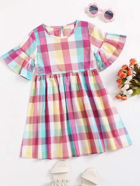 

toddler girls plaid flounce sleeve smock dress she, Red;yellow