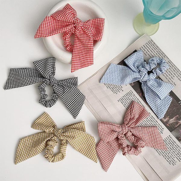 

children cute colors plaid bow elastic hair bands ponytail holder girls lovely scrunchies rubber kids accessories, Slivery;white