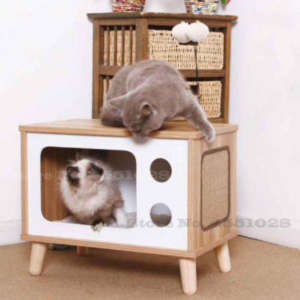 

cat beds & furniture pet wooden house color living kennel with balcony durable claw board climbing frame scratching post accessories