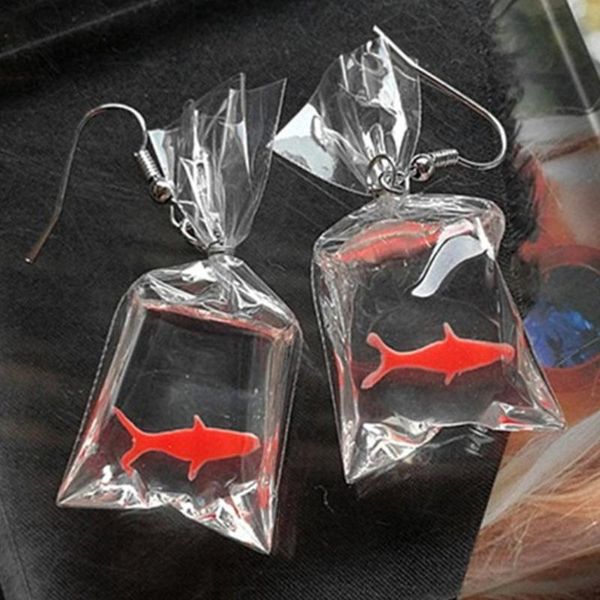 

resin transparent water bag cute little goldfish ear accessories handmade fish long temperament earrings full of western style#2 dangle & ch, Silver