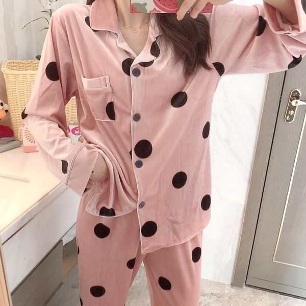 

men's sleepwear pink velour women 2pcs pajamas set autumn winter bathrobe nightwear casual soft home clothes lady velvet shirt&pant, Black;brown