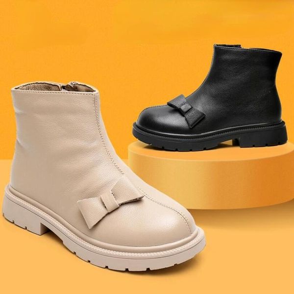 

boots british style girls genuine leather shoes velvet warm soft bottom solid color autumn/winter children, Black;grey