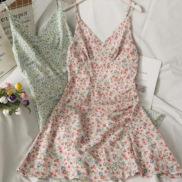 

casual dresses summer beach retro print dress for womens high waist slim low-neck halter strap mini female pleated floral, Black;gray