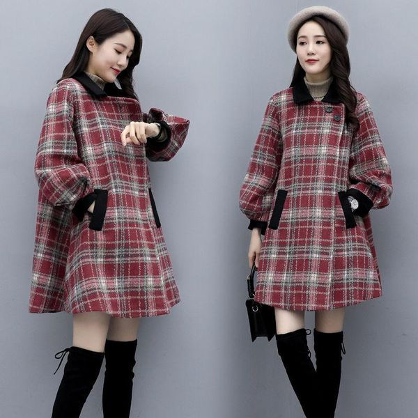 

women's wool & blends winter retro ol style cotton coat mid-length loose plaid woolen plus size female cloth, Black