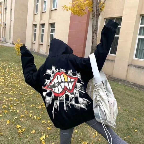 

chao brand ch correct version 1:1 crow color graffiti red big mouth hand-painted sweater for men and women bf style, Black