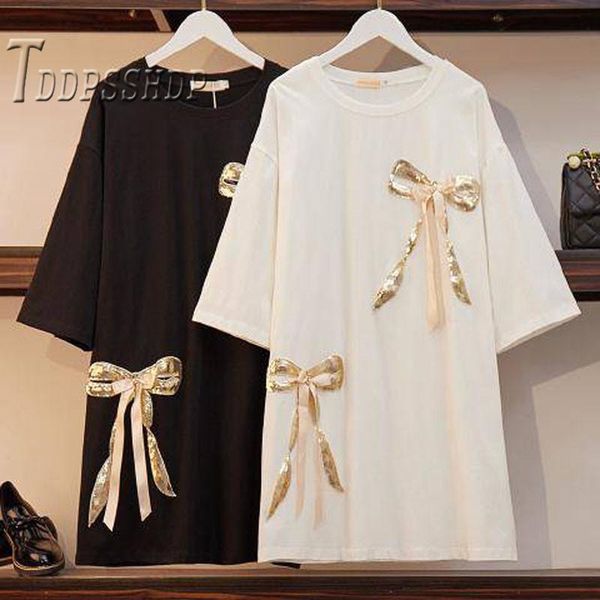 

casual dresses plus size fat mm women dress gold bowknot decor black and white color female, Black;gray