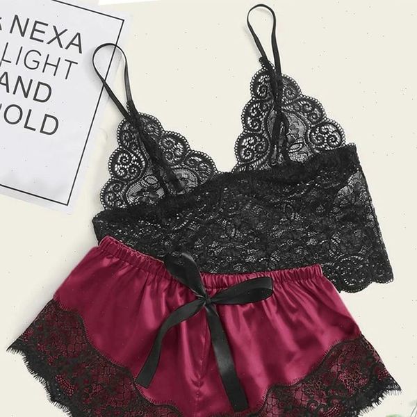 

pyjamas lingerie lace women sleepwear silk underwear pajamas satin sleep, Black;red