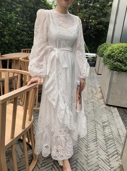 

casual dresses 2021fw autumn fashion women lantern sleeve embroidery hollow cotton dress 2 color for ladies gdnz 7.30, Black;gray