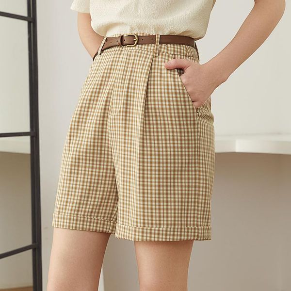 

women's shorts fansilanen women pleated plaid loose retro, White;black