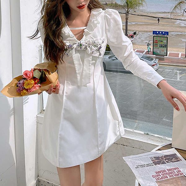 

elegant puff sleeve mini dres v-neck loose designer fairy female high waist party spring korean 210604, Black;gray