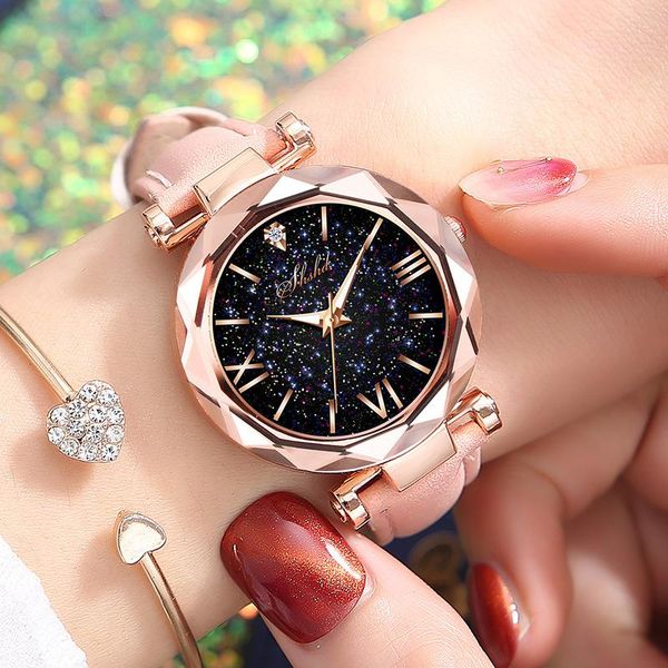 

wristwatches women watch rhinestone romantic starry sky wristwatch fashion ladies leather clock for relogio feminino montre femme, Slivery;brown