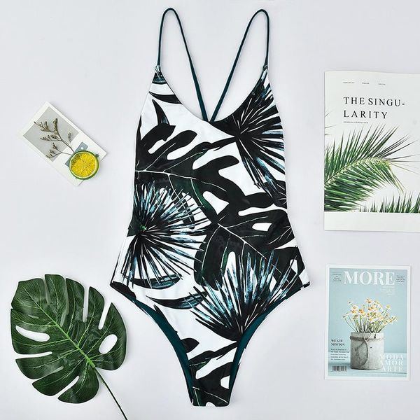 

women's jumpsuits & rompers summer girl swimsuit small fresh leaves printed one-piece female, Black;white