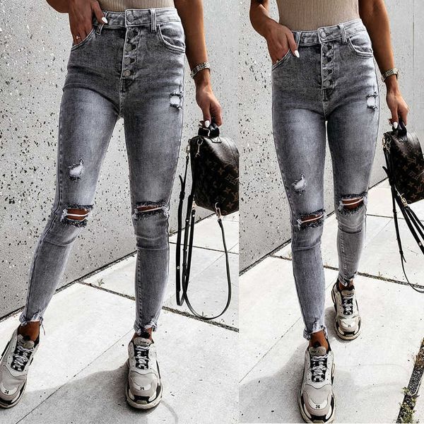 

jeans 2021 women's slim show thin hole pants woman, Blue
