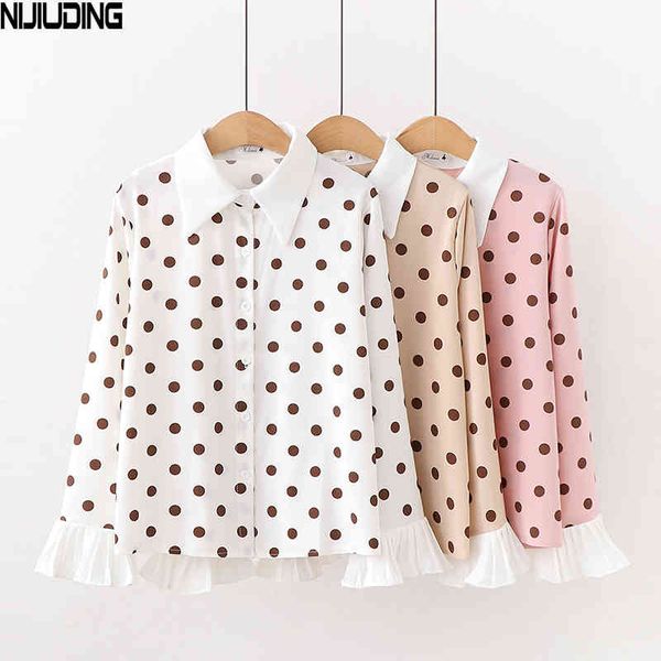

women retro polka dot chiffon shirts spring autumn sweet chic long sleeve blouse female flare loose blousas 210514, White