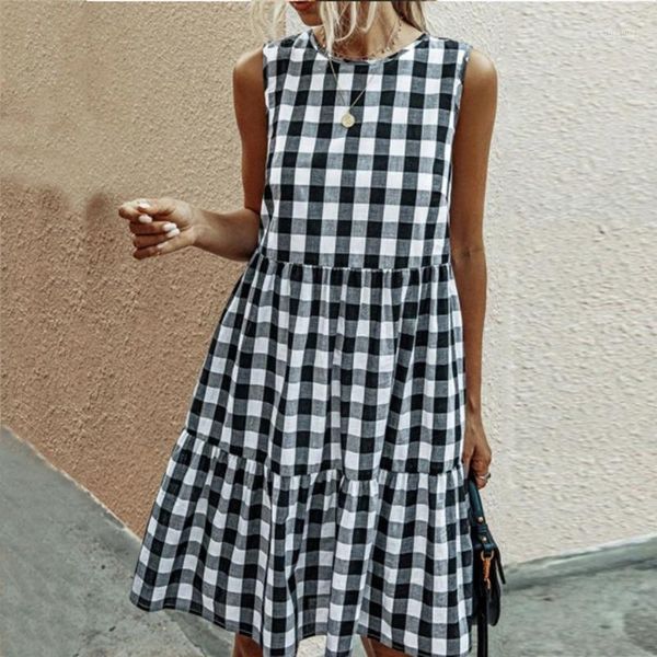 

casual dresses 2021 for women summer loose plaid print ruffled midi dress sleeveless vintage ladies vacation sundress, Black;gray