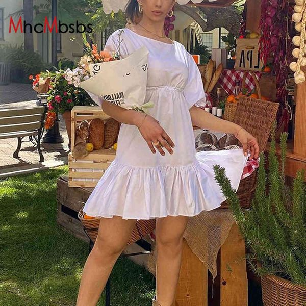 

short puff sleeve summer dress women ruched elegant backless casual ruffle white mini dresses beach vacation y2k clothes 210517, Black;gray