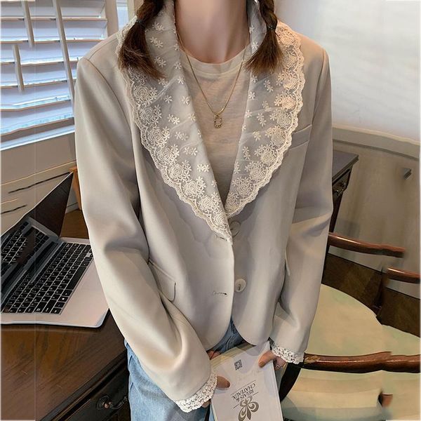 

women's suits & blazers korea chic temperament black lace pliced blazer women autumn 2021 notched loose single breasted long sleeve sui, White;black