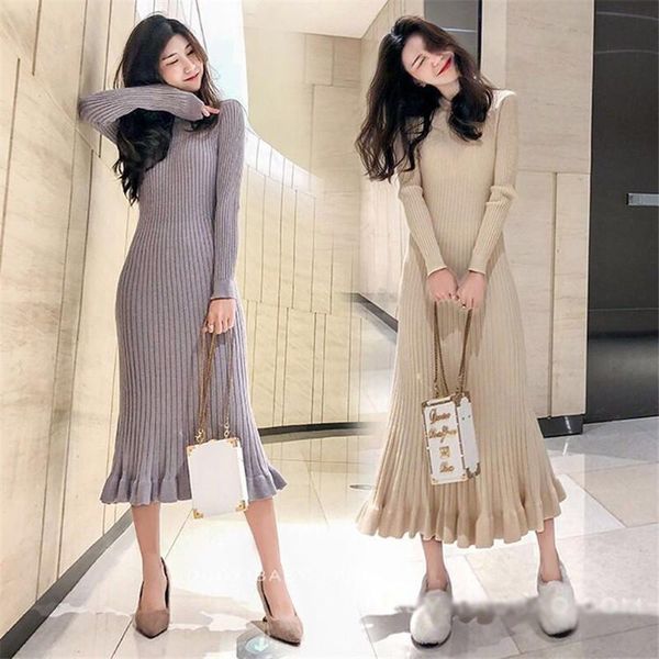 

casual dresses autumn winter sweater dress women thick mermaid maxi o-neck long sleeve knitted elegant female a-line slim sexy, Black;gray