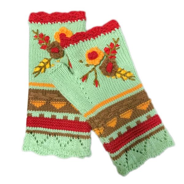 

five fingers gloves women winter knit fingerless multicolor crochet floral thumbhole mittens x5xa, Blue;gray