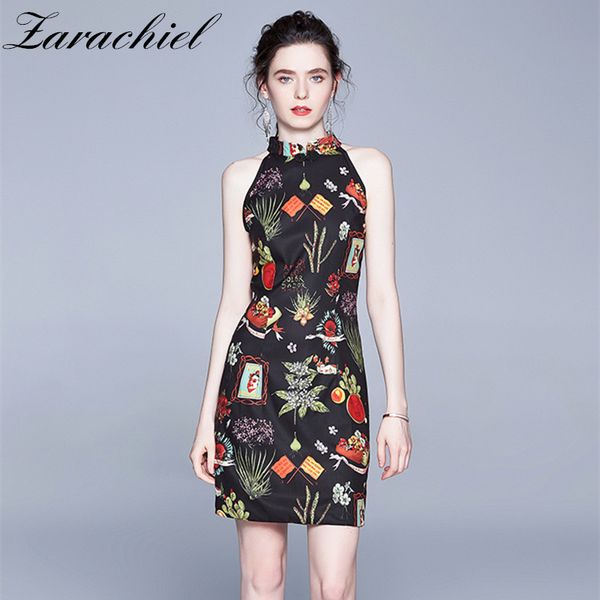 

dresses elegant flower print off shoulder women's sleeveless mandarin collar female summer party slim a line vestidos, Black;gray