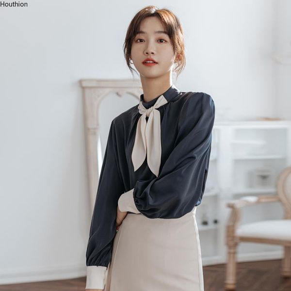 

women's blouses & shirts bow fashion chiffon casual shirt long sleeve plus size solid lady summer blouse houthion, White