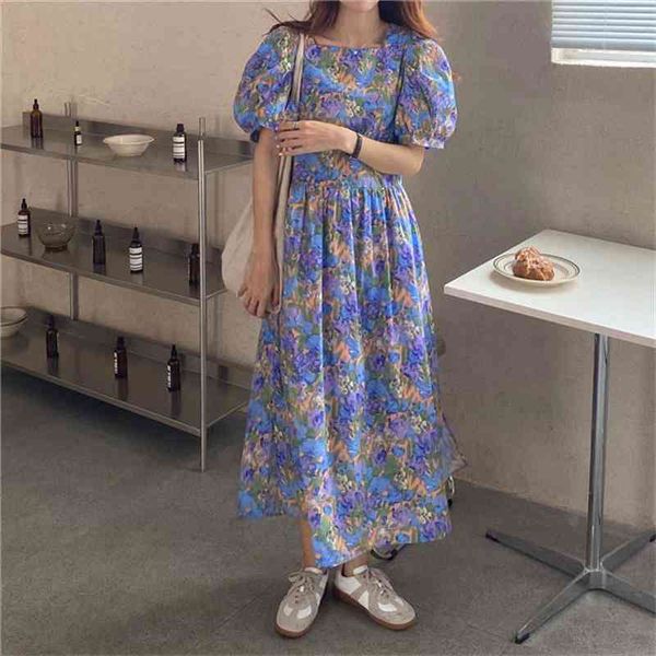 

women long dress summer floral casual chic fashion loose puff sleeves mid-length v-neck elegant ladies dresses, White