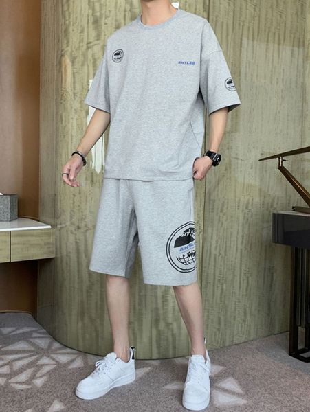 

men letter graphic drop shoulder tee & track shorts set n1yn#, Gray