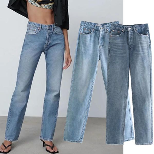 

women's jeans 2021 withered england high street vintage mom washed medium waist denim pants for straight women time limited, Blue