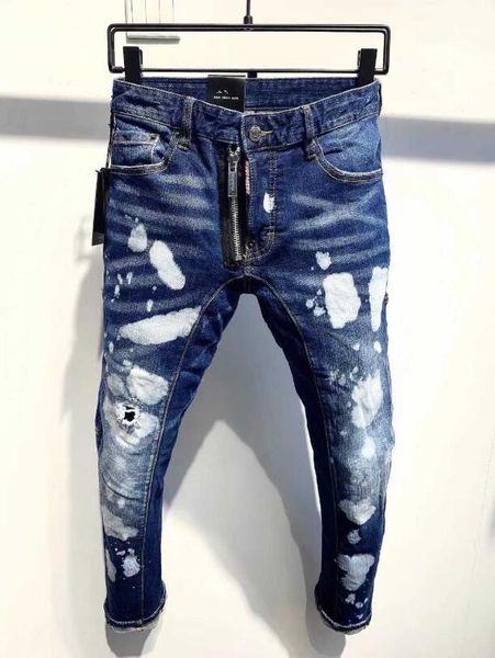 

men's jeans skinny with ripped holes and elastic paint spray blue stitching beggar pants a393