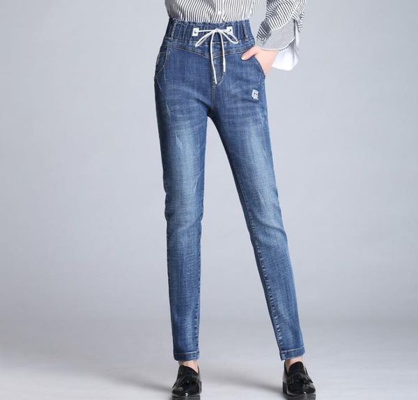 

women's jeans spring harem pants elastic waist slim, Blue