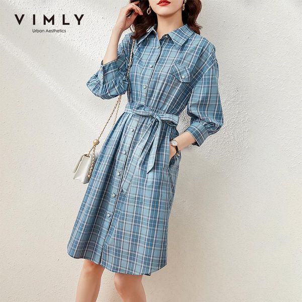 

casual dresses vimly spring women plaid dress fashion high waist single breasted pocket half sleeve shirt female elegant vestidos f6791, Black;gray