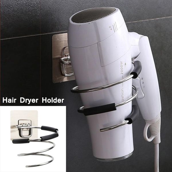 

hooks & rails stainless steel hair dryer holder organizer nail no drilling wall mounted adhesive spiral rack bathroom stand