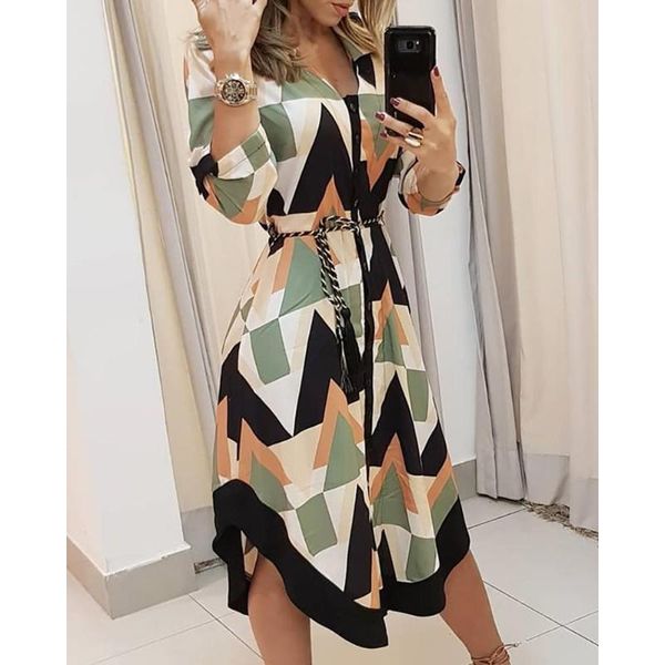 

casual rhombus women's dress sashes button long sleeve ladies spring autumn midi dresses, Black;gray