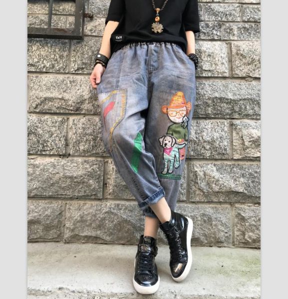 

women's jeans all match elastic waist mom woman embroidery bronzing ankle-length pants cartoon washed denim light blue cross