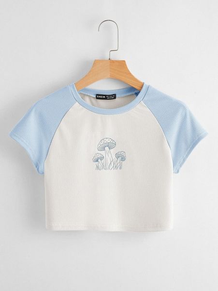 

mushroom print raglan sleeve crop tee c89d#, White