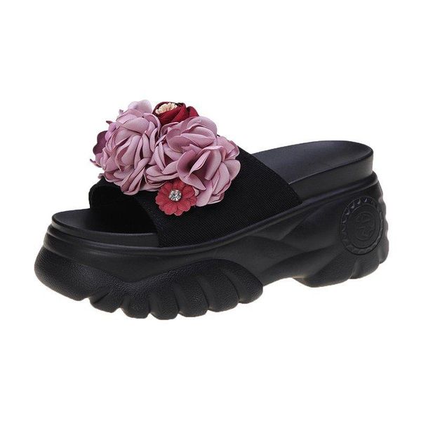 

slippers fashion flowers women platform summer woman outdoor sandals lady flip-flops 8.5cm wedges high heels shoes, Black