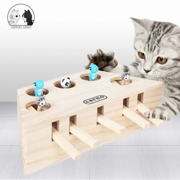

cat toys hunt toy chase mouse solid wooden interactive maze pet hit hamster with 3/5-holed hole catch bite catnip funny