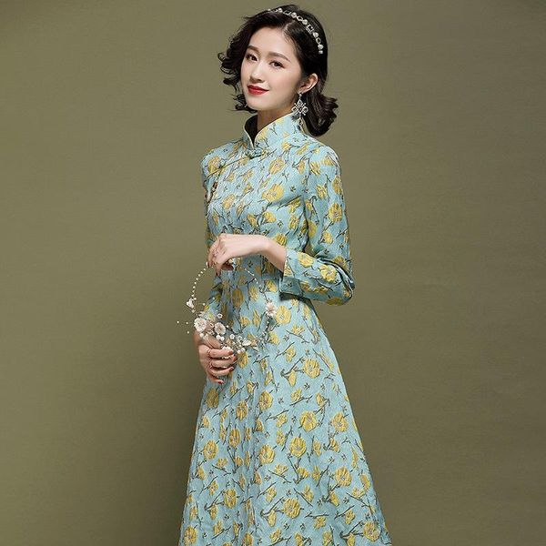 

casual dresses arrival women's spring high fashion vintage jacquard improved slim cheongsam dress female stand collar a line printed, Black;gray