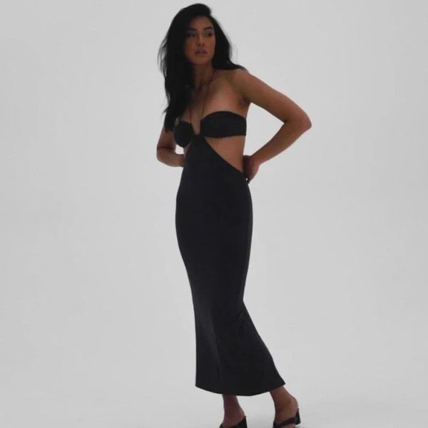 

casual dresses black hollow out strapless lace-up 2021 autumn halter bandage dress fashion temperament back split bodycon, Black;gray
