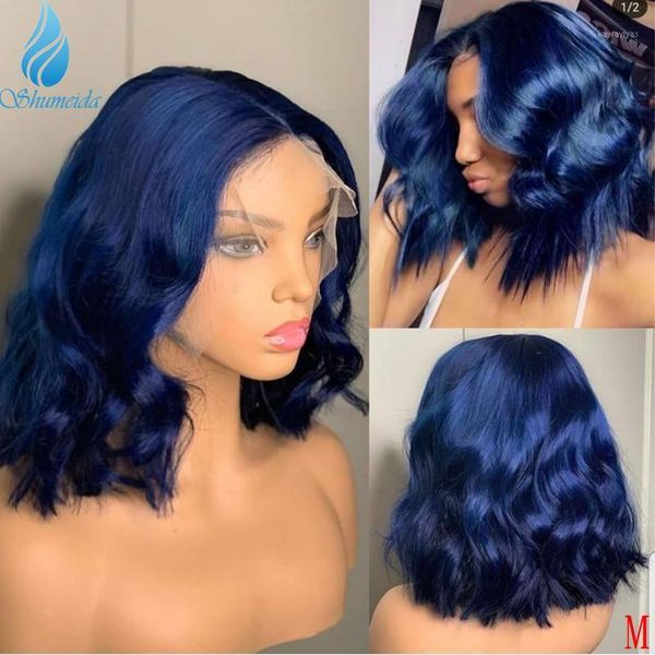 

blue color 13*6 lace front wigs body wave brazilian remy human hair short bob wig with baby1, Black;brown