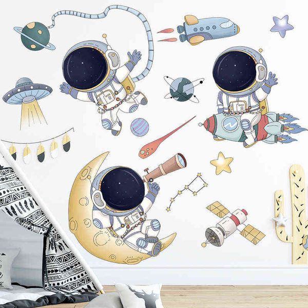 Мультфильм космический корабль наклейка стены для детских комнат детская астронавта НЛО декор на стене винил DIY наклейки наклейки искусства искусства украшения дома 211212