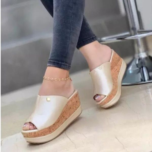 

sandals women shoes pu slope heel muffin thick bottomed high flip flop anti slip beach fashion 2021 woman, Black