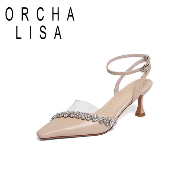 

sandals orcha lisa 2021 crystal pointed toe ankle strap buckle genuine leather high heel summer women shoes size 33-40, Black
