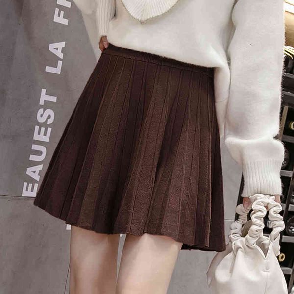 

casual dresses fashion elastic high waist pleated womens skirts korean kawaii winter knitted skirt 6 colors short saia mini ladies, Black;gray