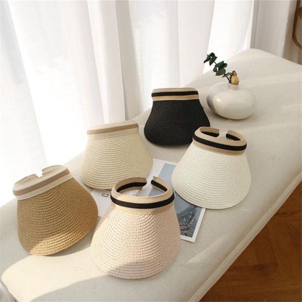 

wide brim hats 2021 women's sun handmade straw visor caps summer hat empty beach fashion woman girls anti-uv outdoor casual, Blue;gray